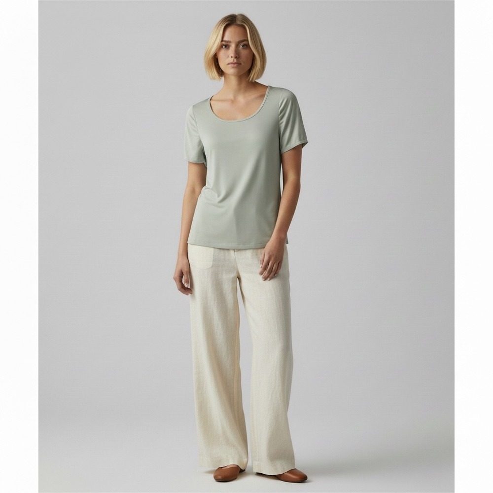 St. John | Short Sleeve‎ Top Large Sage Green Scoop Neck Shirred Shoulder